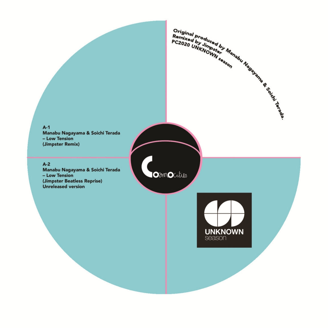Etiqueta central lado A del vinilo de Varios Artistas – Cosmocities Presents Unknown Season, con diseño gráfico dividido en azul y negro, incluye créditos de Manabu Nagayama, Soichi Terada y Jimpster, además de las pistas “Low Tension” y su versión beatless inédita.