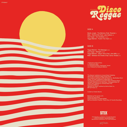 Contraportada del vinilo Varios Artistas – Disco Reggae Volume 6 en Stix, con listado de pistas y créditos.