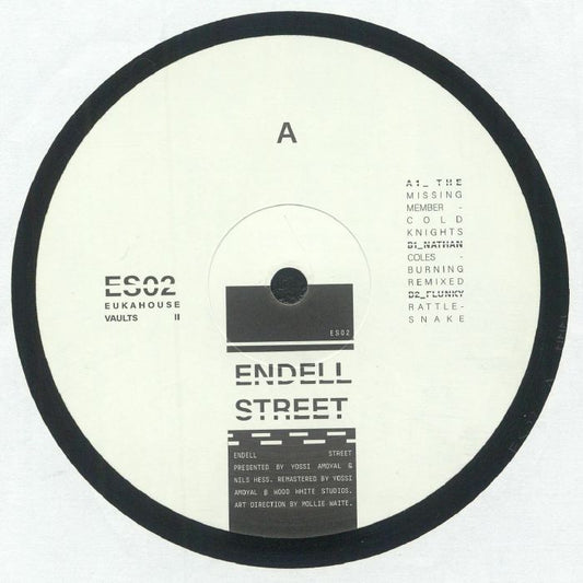 Portada delantera del vinilo recopilatorio Eukahouse Vaults 02 de Varios Artistas, editado por Endell Street en formato 12". Texto impreso: lado A, artistas como Nathan Coles, y créditos de remasterización y dirección de arte.