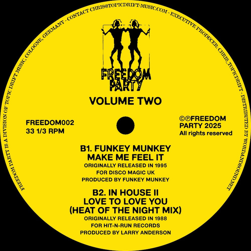 Portada trasera del vinilo Varios Artistas – Freedom Party Volume Two, edición 12", compilación del sello Freedom Party. Texto impreso: aparecen temas de Funkey Munkey e In House II.