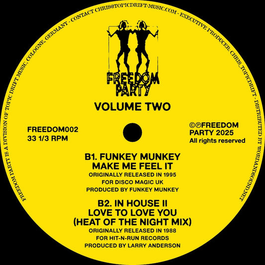 Portada trasera del vinilo Varios Artistas – Freedom Party Volume Two, edición 12", compilación del sello Freedom Party. Texto impreso: aparecen temas de Funkey Munkey e In House II.