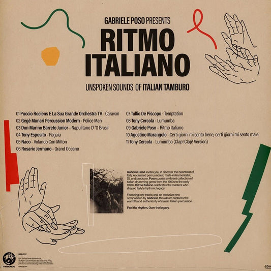 Contraportada del vinilo Gabriele Poso – Ritmo Italiano (Unspoken Sounds Of Italian Tamburo) en LP por Mr Bongo, con lista de temas y gráficos en tonos tierra.