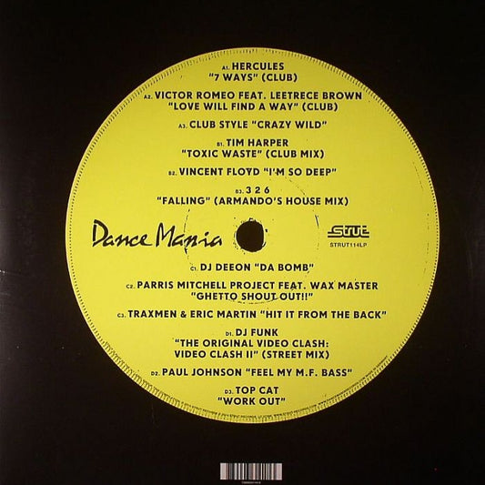 Portada trasera del vinilo Varios Artistas – Hardcore Traxx: Dance Mania Records 1986–1997 del sello Strut. Texto impreso: créditos, fotos y notas del compilado.