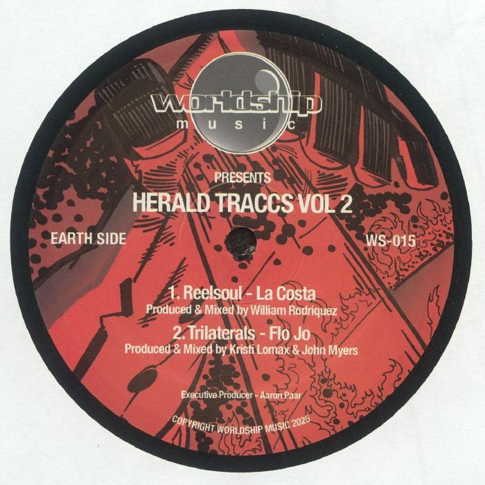 Portada delantera del vinilo Varios Artistas – Herald Traccs Vol 2 editado por Worldship en 12". Texto impreso: Earth Side con temas de Reelsoul y Trilaterals, producción de William Rodriguez y Kristi Lomax & John Myers.