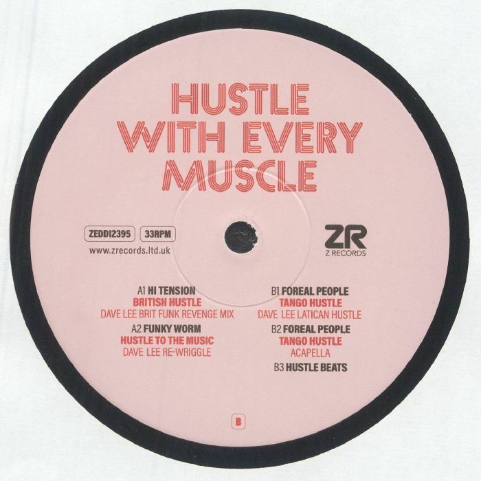 Portada delantera del vinilo de Varios Artistas – Hustle With Every Muscle, editado por Z Records en formato 12". Se muestra una cuadrícula con figuras bailando sobre fondo rosado.