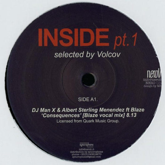 Etiqueta central del vinilo Varios Aristas – Inside Pt. 1 (Selected by Volcov) en 12" por Neroli, lado A1 con créditos de DJ Man X & Albert Sterling Menendez ft Blaze y mix vocal de Blaze, con duración y catálogo visibles.