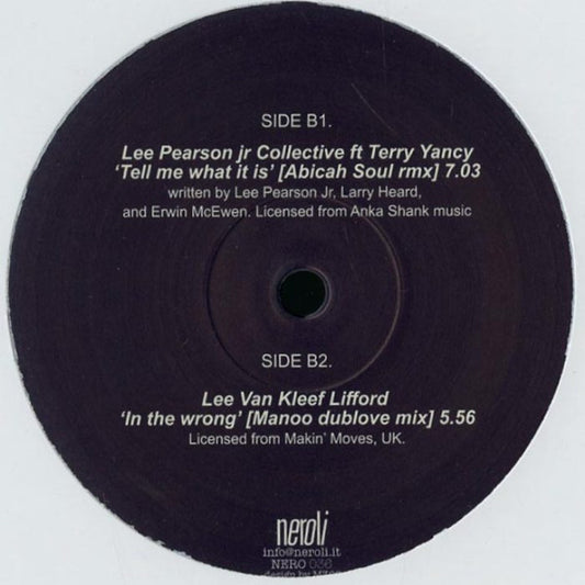 Etiqueta central del vinilo Varios Aristas – Inside Pt. 1 (Selected by Volcov) en 12" por Neroli, lado B1 y B2 con pistas de Lee Pearson Jr Collective ft Terry Yancy y Lee Van Kleef Lifford, incluyendo remixes, duraciones y créditos completos.