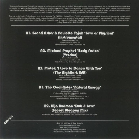 Contraportada del vinilo "Instrumental Dubs #3" de Varios Artistas en LP de Isle Of Jura. Incluye la lista de canciones, créditos de producción y detalles del lanzamiento.