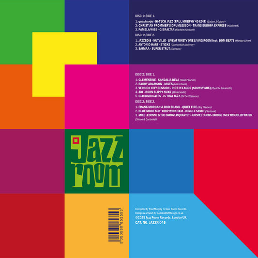Contraportada del vinilo Varios Artistas – Jazz Room Presents: Covers mostrando tracklist completo sobre fondo de bloques de colores, compilación doble LP editada por Jazz Room Records.