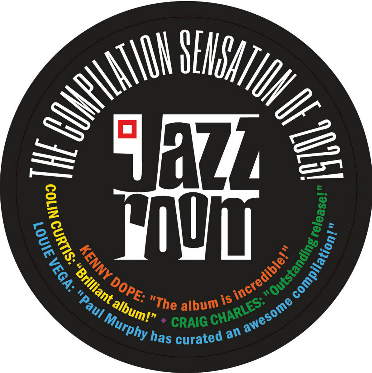 Etiqueta central del vinilo Varios Artistas – Jazz Room Presents: Covers con logo de Jazz Room Records, frases promocionales y estilo gráfico llamativo para coleccionistas.
