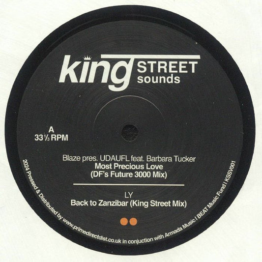 Lado A del vinilo King Street Sounds Sampler Vol. 1 (12", BPM King Street Sounds). Incluye las pistas "Most Precious Love (DF's Future 3000 Mix)" y "Back to Zanzibar (King Street Mix)".
