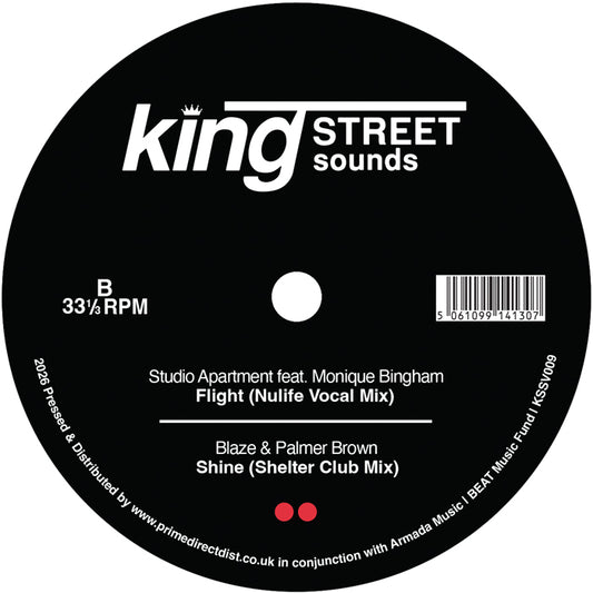 Lado B del vinilo Varios Artistas – King Street Sounds Sampler Vol. 6, etiqueta King Street Sounds con Studio Apartment, Blaze & Palmer Brown y código de barras.
