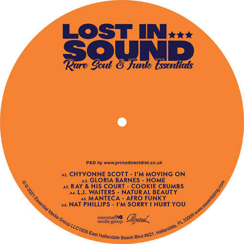 Etiqueta central del lado A del vinilo Varios Artistas – Lost In Sound: Rare Soul & Funk Essentials, con logotipo, catálogo, créditos y listado de cinco temas destacados de soul y funk.