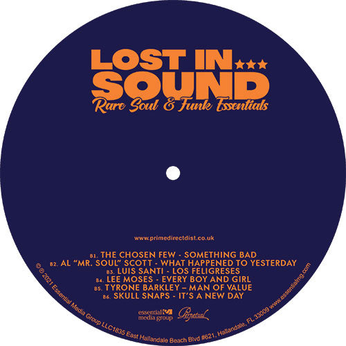 Etiqueta central del lado B del vinilo Varios Artistas – Lost In Sound: Rare Soul & Funk Essentials, mostrando títulos de seis canciones, diseño en azul con tipografía retro y datos de edición LP compilación.
