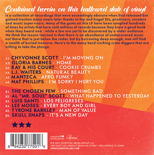 Contraportada del vinilo Varios Artistas – Lost In Sound: Rare Soul & Funk Essentials con lista completa de canciones de los lados A y B, créditos del sello Essential Media Group y código de barras visible.