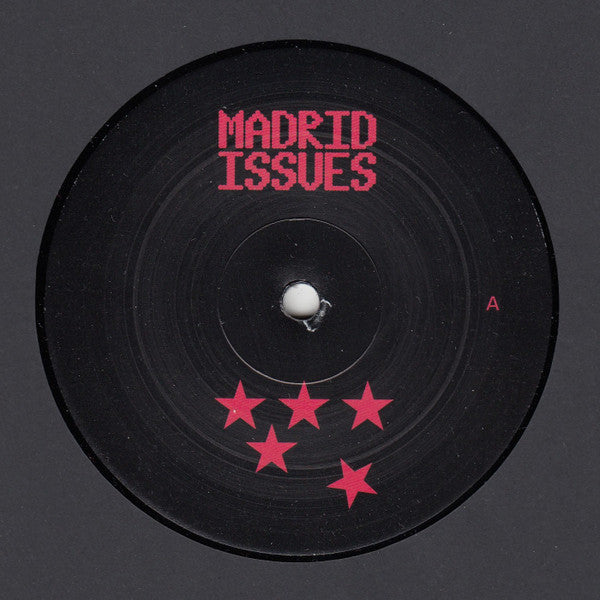 Etiqueta del lado A del vinilo V.A. - Madrid Issues (Island Issues, 12"). Diseño negro con texto rojo y cinco estrellas. Indica la cara A del disco.