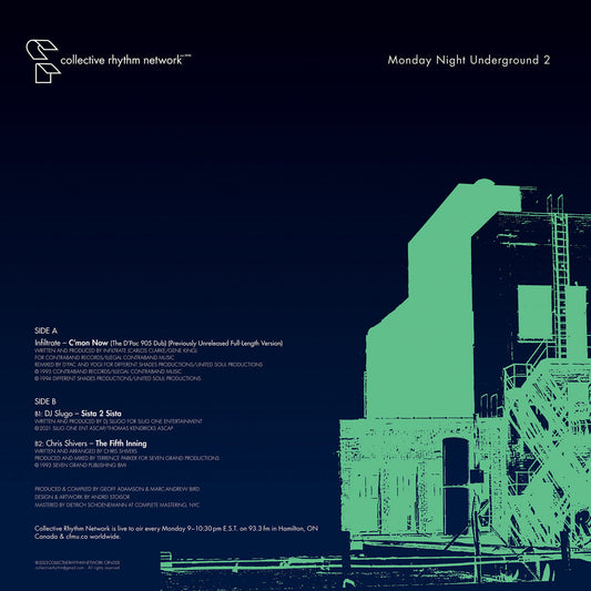 Contraportada del vinilo Varios Artistas – Monday Night Underground 2 12" con tracklist, créditos y diseño industrial oscuro.