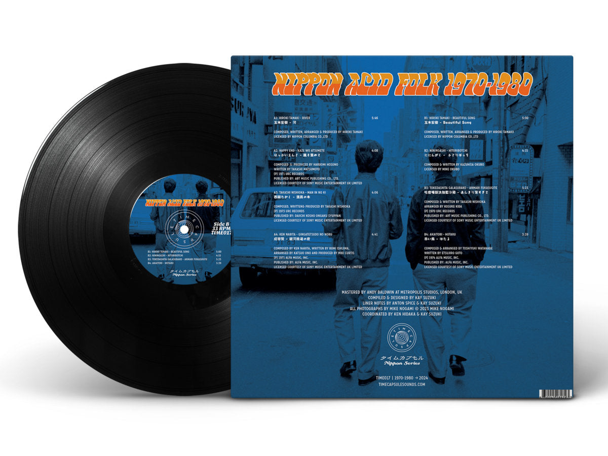 Etiqueta central lado B del vinilo Varios Artistas – Nippon Acid Folk 1970-1980 mostrando lista de temas y créditos de producción.