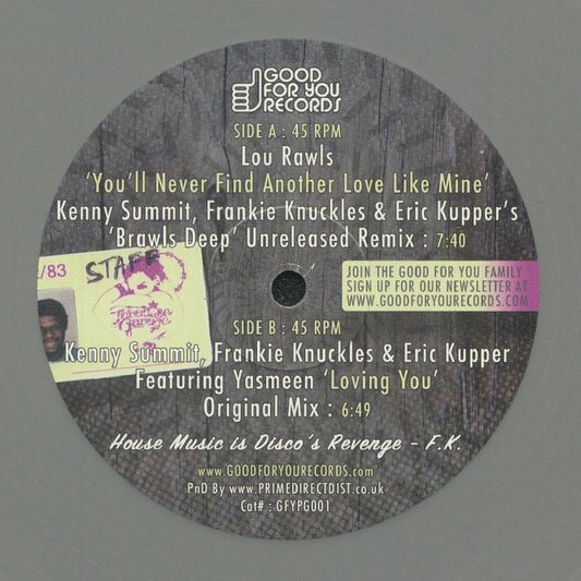 Etiqueta central del vinilo Varios Artistas – Paradise Garage: Inspirations de Good For You Records, con créditos y lista de temas en ambos lados. Texto impreso: incluye remixes de Frankie Knuckles y Kenny Summit, con voces de Lou Rawls y Yasmeen.