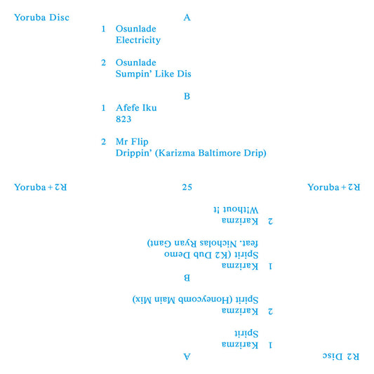 Contraportada del vinilo Varios Artistas – R2 + Yoruba 25 con créditos, listas de temas y diseño invertido en tipografía azul.