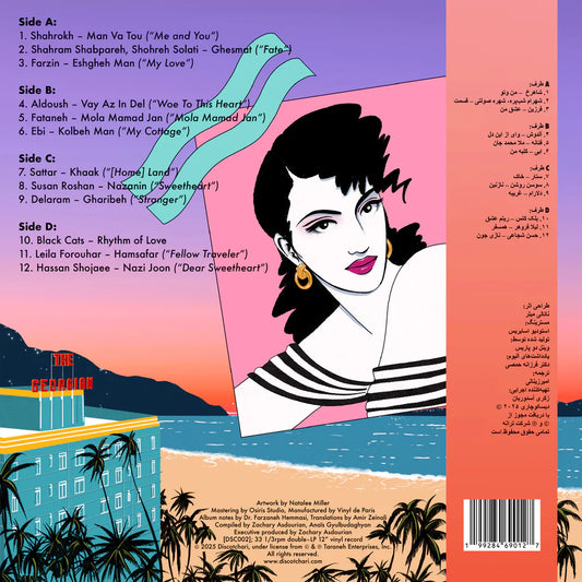 Contraportada de vinilo Varios Artistas – Tehrangeles Vice (Iranian Diaspora Pop 1983-1993), tracklist completo A-D y créditos Discotchari sobre paisaje costero.