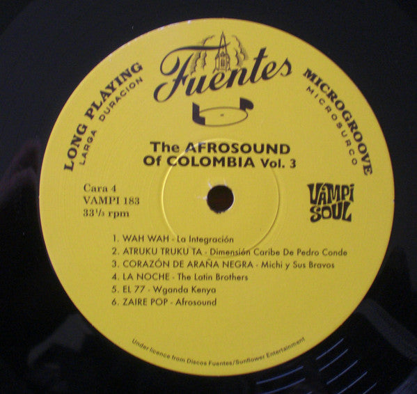 Lado D del vinilo Varios Artistas – The Afrosound Of Colombia Vol. 3 con etiqueta amarilla de Vampi Soul y seis pistas.