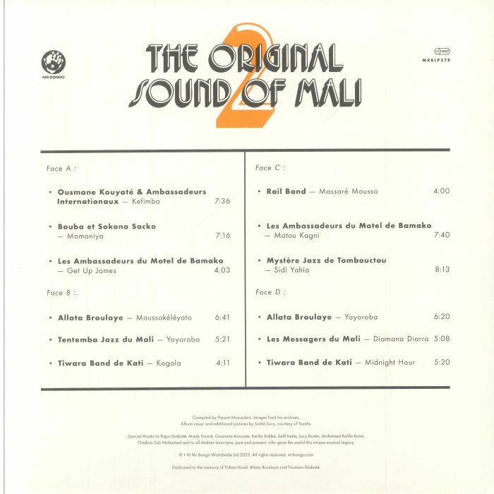 Portada trasera del vinilo Varios Artistas – The Original Sound Of Mali 2 de Mr Bongo. Lista de canciones, créditos y detalles del álbum en diseño limpio.