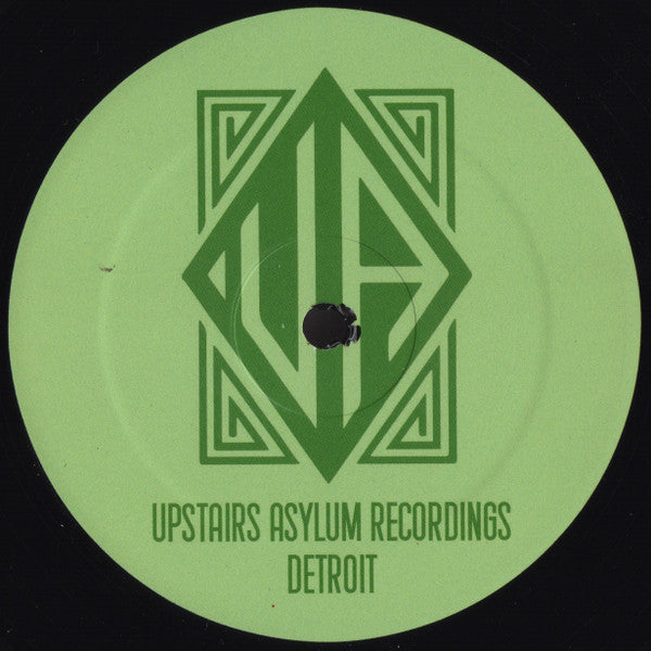 Etiqueta central lado A del vinilo Varios Artistas – The Sundowners EP con logo de Upstairs Asylum Recordings en verde.
