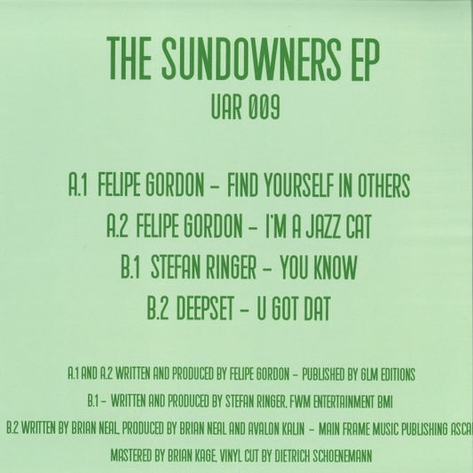 Contraportada del vinilo Varios Artistas – The Sundowners EP con listado de pistas, créditos y sello Upstairs Asylum Recordings.