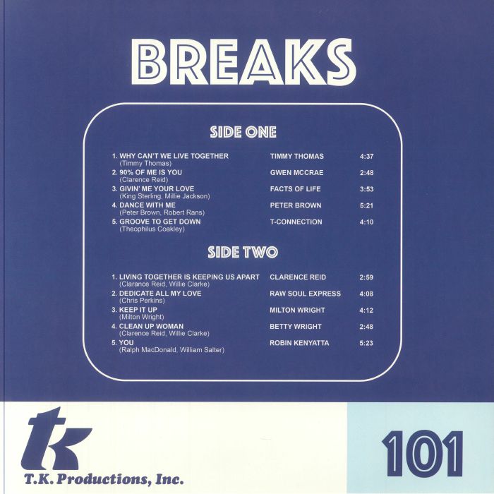 Contraportada del vinilo "TK Breaks 101", lanzado por Henry Stone Music en formato LP. Incluye la lista de canciones y créditos en un diseño azul con tipografía blanca.