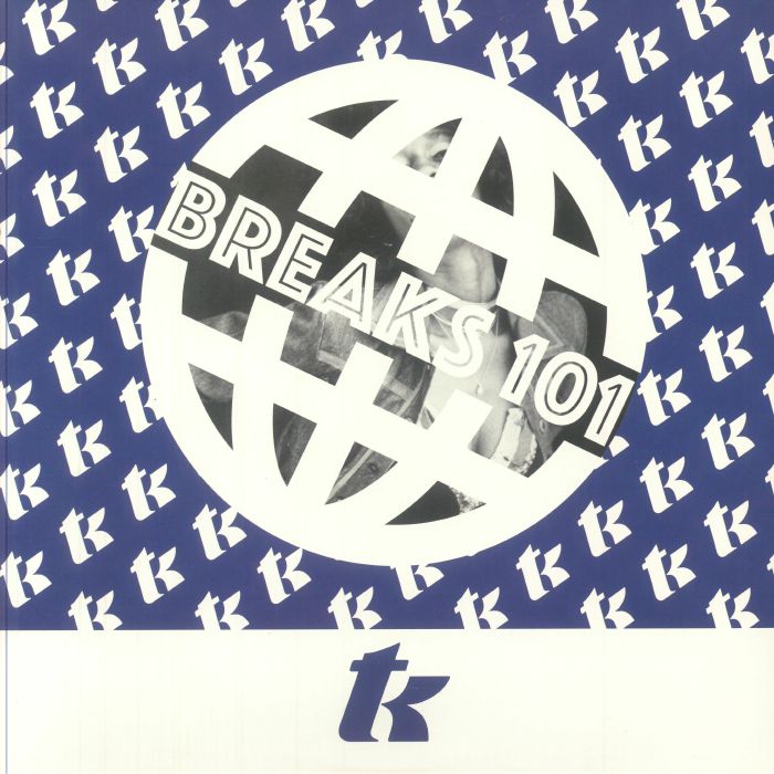Portada del vinilo "TK Breaks 101", publicado por Henry Stone Music en formato LP. Diseño con un logo de globo terráqueo y fondo azul con el patrón de TK.