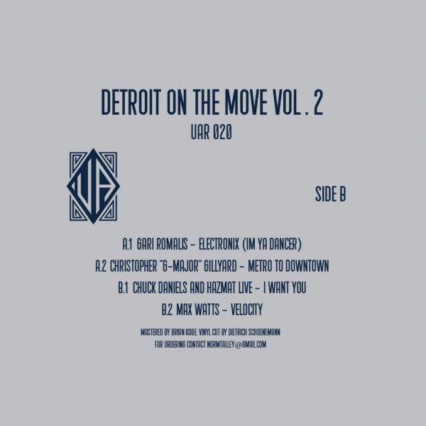 Contraportada del vinilo Varios Artistas – Detroit On The Move Vol. 2 con listado de pistas, créditos y logo de Upstairs Asylum Recordings.