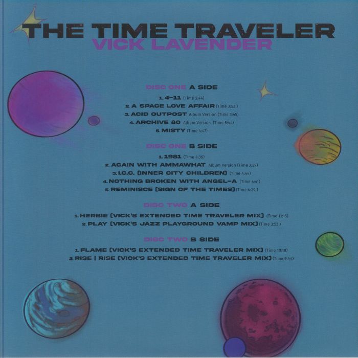 Contraportada del vinilo The Time Traveler de Vick Lavender. Incluye lista de canciones y créditos. Publicado por Sophisticado Recordings en formato 2xLP gatefold.