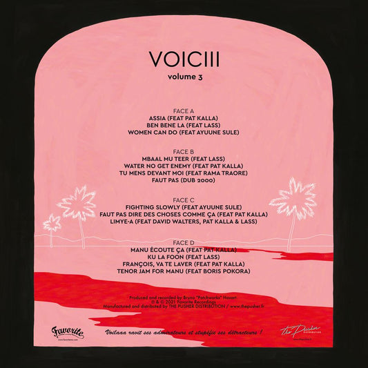 Contraportada del vinilo Voilaaa – Voiciii con tracklist completa y créditos sobre fondo rosa y rojo.