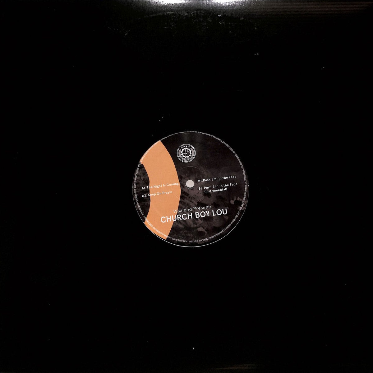 Contraportada del vinilo Waajeed Presents Church Boy Lou – Push Em’ In The Face: funda negra y etiqueta con tracklist.