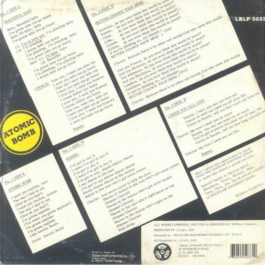 Portada trasera del vinilo con letras completas y créditos. William Onyeabor – Atomic Bomb, Luaka Bop. Formato: LP, reedición, vinilo rojo fission.