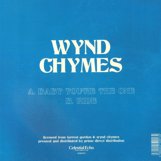Contraportada del vinilo Wynd Chymes – Baby You're The One bajo Celestial Echo, formato reedición RSD. Texto impreso: "A. Baby You’re The One", "B. Ride", créditos de licencia y distribución.