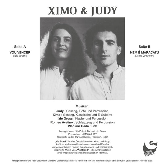 Contraportada del vinilo Ximo & Judy – Via Brasil con retrato en blanco y negro, créditos, lista de temas y detalles de producción de Sound Essence.