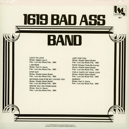 Contraportada del vinilo 1619 Bad Ass Band – 1619 Bad Ass Band, con créditos y marco negro sobre fondo crema.
