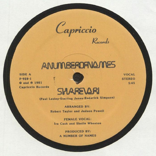 Portada delantera del vinilo A Number of Names - Sharevari publicado por Capriccio Records en formato 12". Diseño minimalista con el logo del sello y créditos de producción.