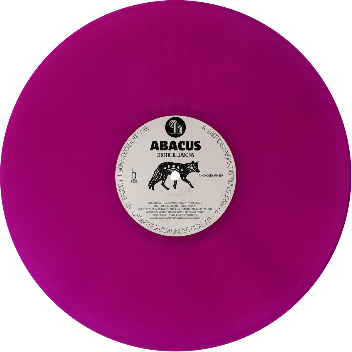 Lado B del vinilo 12" Abacus – Erotic Illusions en sello Phonogramme, etiqueta central con figura felina, créditos y referencia Phonogramme67 visibles.