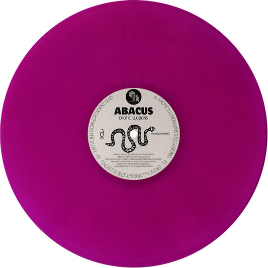 Lado A del vinilo 12" Abacus – Erotic Illusions en sello Phonogramme, etiqueta blanca con ilustración de serpiente, texto A-side e instrumental.