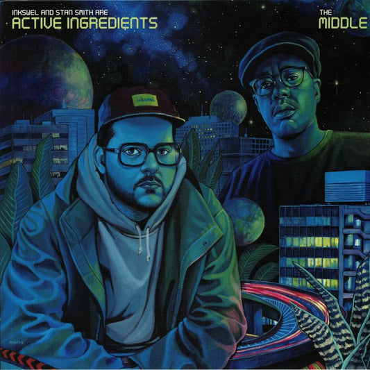 Portada delantera del vinilo Active Ingredients aka Inkswel / Stan Smith – The Middle. Arte futurista por Tokio Aoyama con temática espacial.