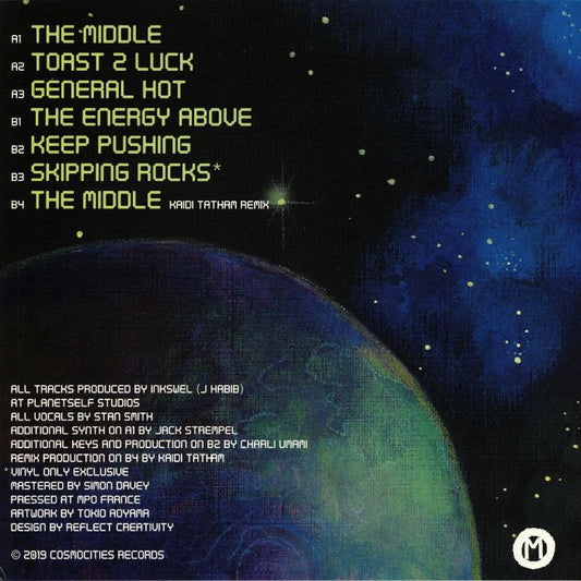 Contraportada del vinilo Active Ingredients aka Inkswel / Stan Smith – The Middle. Lista de canciones y créditos del sello Cosmocities Records.