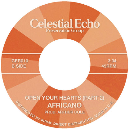Lado B del vinilo Africano – Open Your Hearts, etiqueta Celestial Echo con CER010, 3:34, 45RPM y “Part 2” prod. Arthur Cole.