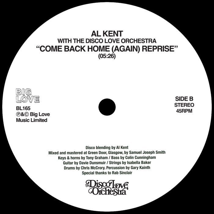 Lado B del vinilo Al Kent With The Disco Love Orchestra – Come Back Home (Again), versión reprise 05:26, Big Love BL165, 45RPM.