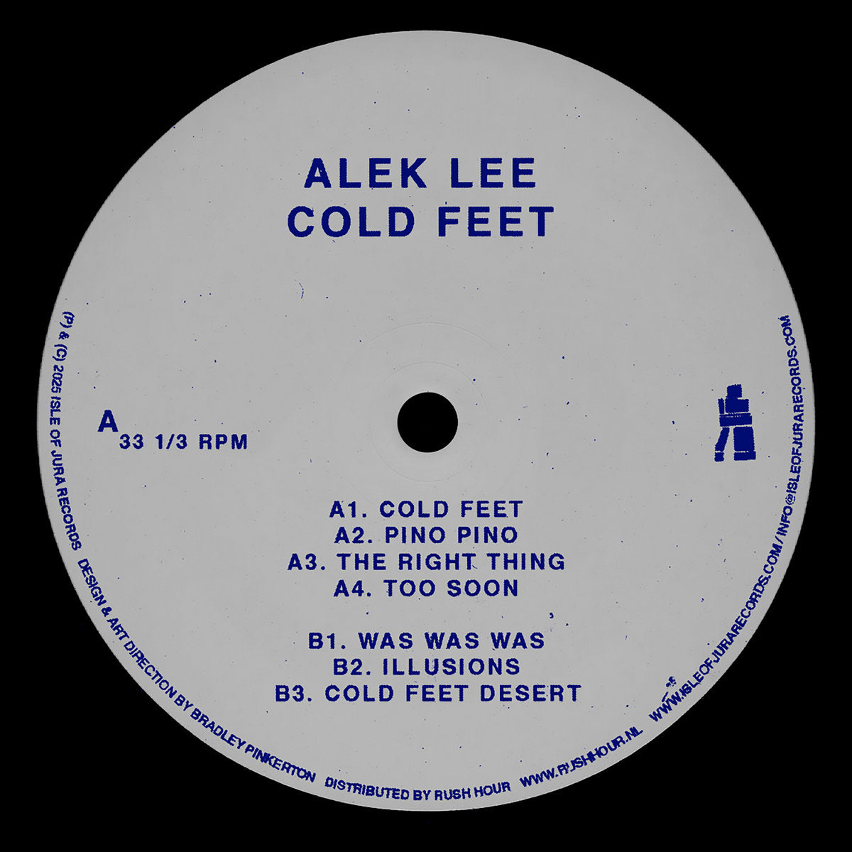 Etiqueta central lado A del vinilo Alek Lee – Cold Feet con créditos, logo de Isle Of Jura y lista de pistas grabadas en 33⅓ RPM.