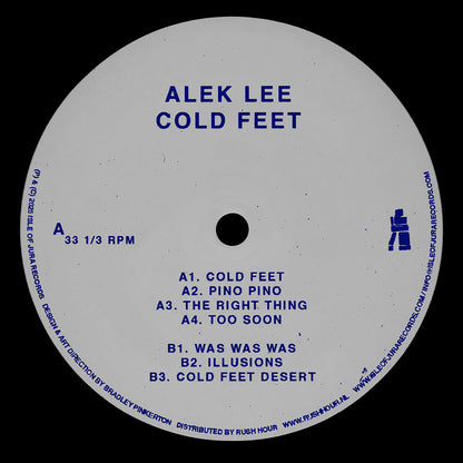 Etiqueta central lado A del vinilo Alek Lee – Cold Feet con créditos, logo de Isle Of Jura y lista de pistas grabadas en 33⅓ RPM.