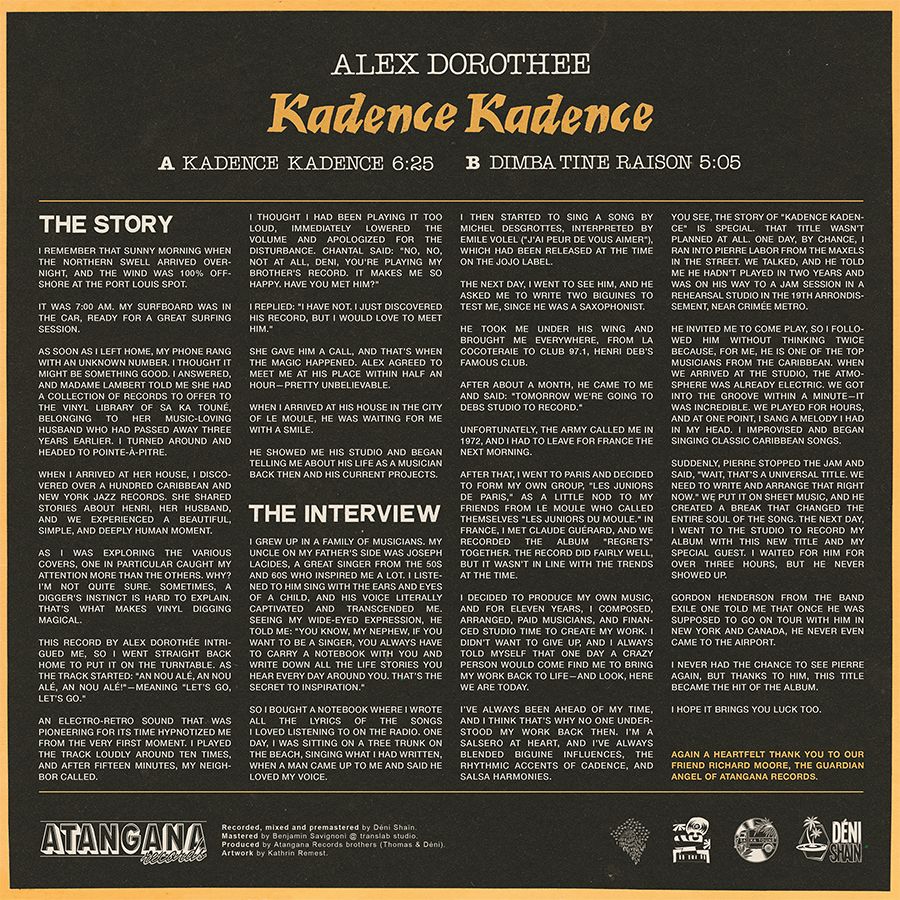 Contraportada del vinilo Alex Dorothée – Kadence Kadence con historia, entrevista, créditos y tracklist de Atangana Records.