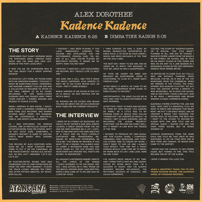 Contraportada del vinilo Alex Dorothée – Kadence Kadence con historia, entrevista, créditos y tracklist de Atangana Records.
